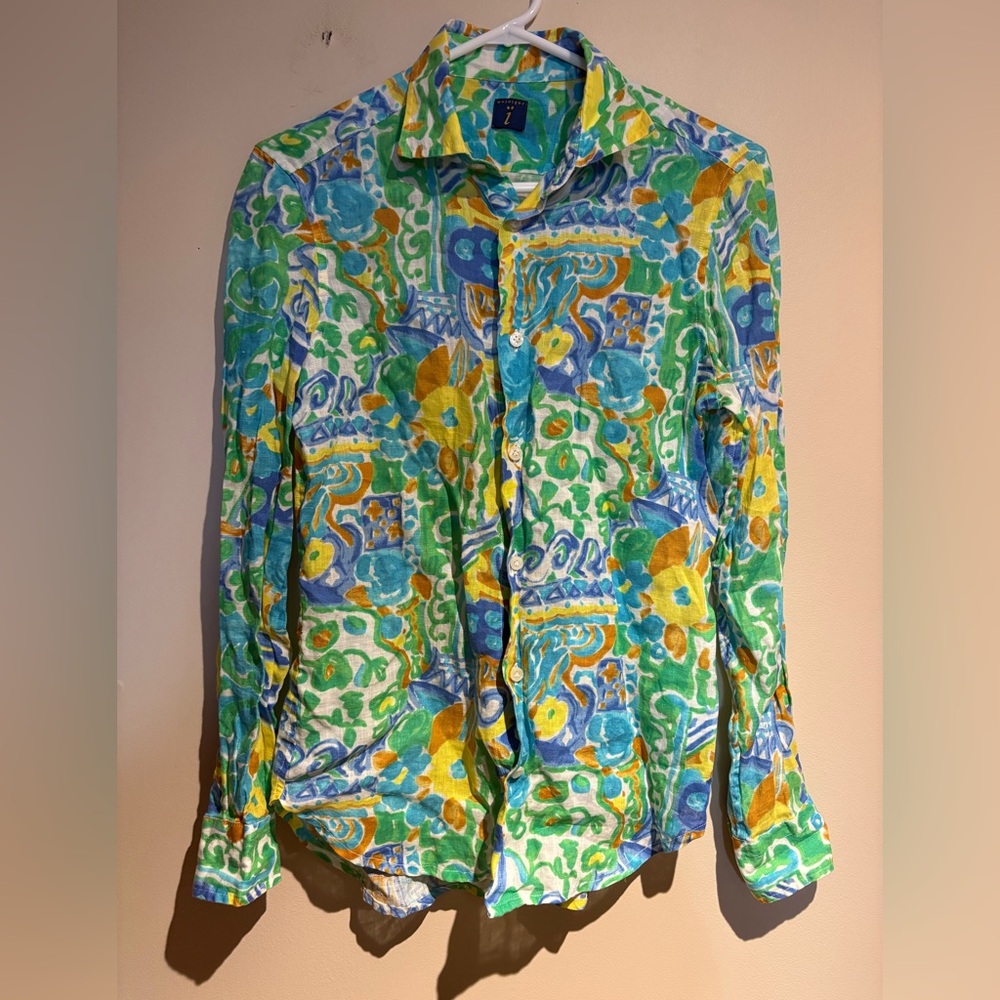 100% Linen Mosaique Colourful Patterned Button Down Shirt Size XS Summer Italy
